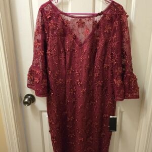Adrianna Papell Deep Red Floral Lace Dress Size 16 Wedding Guest